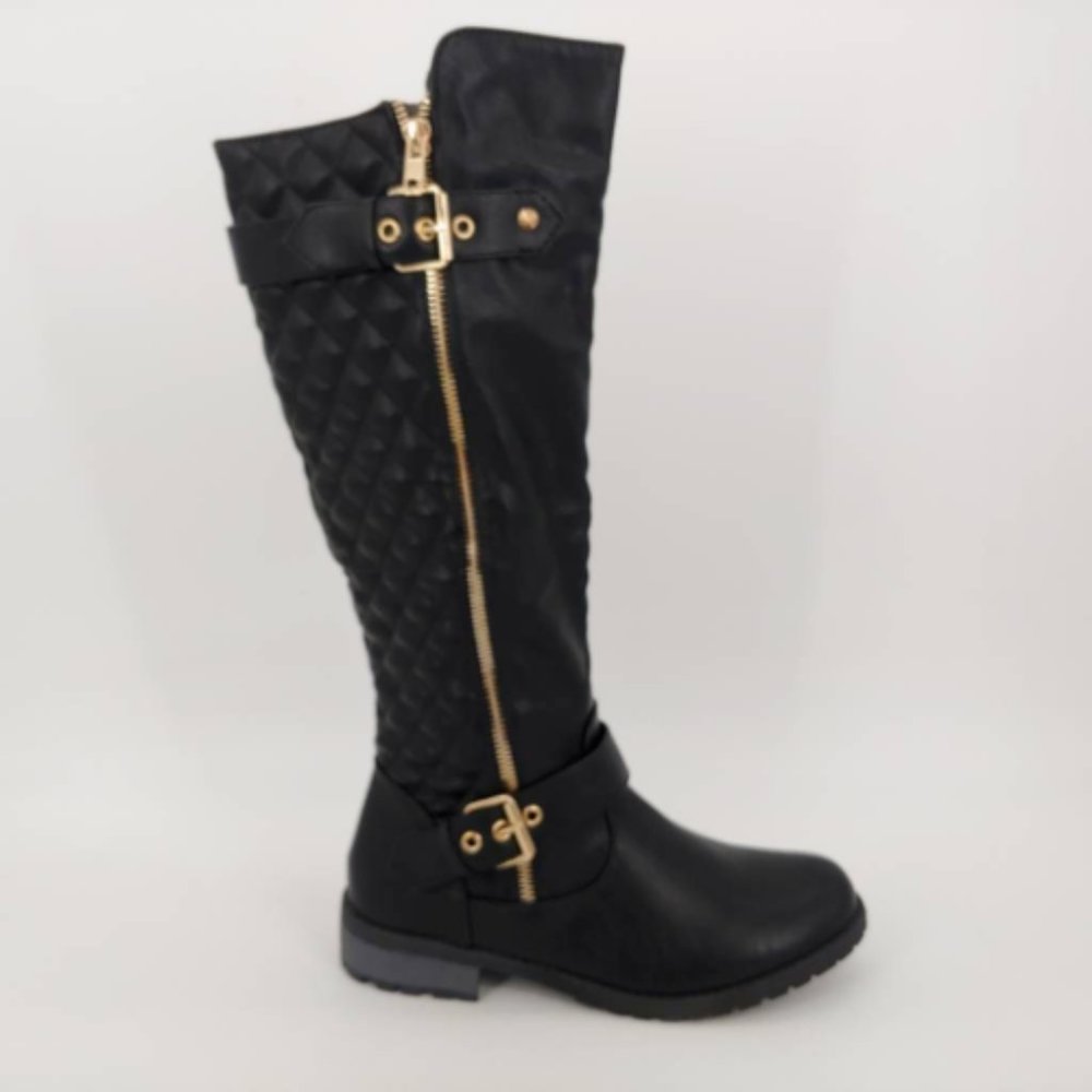 Cambridge Select Womens Riding Boots Black Block Heels Mid Calf Buckle Zip 6 New